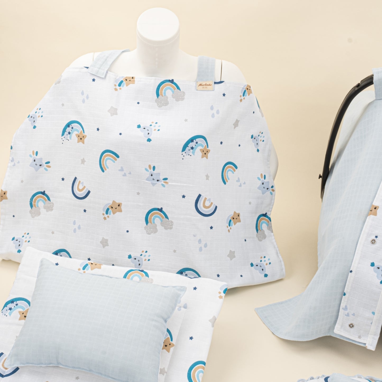 18 Parça Full Set - Çift Taraflı - Bebe Mavisi Muslin - Mavi Gökkuşağı