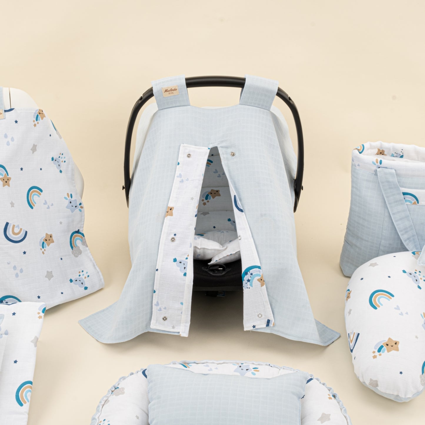 18 Parça Full Set - Çift Taraflı - Bebe Mavisi Muslin - Mavi Gökkuşağı