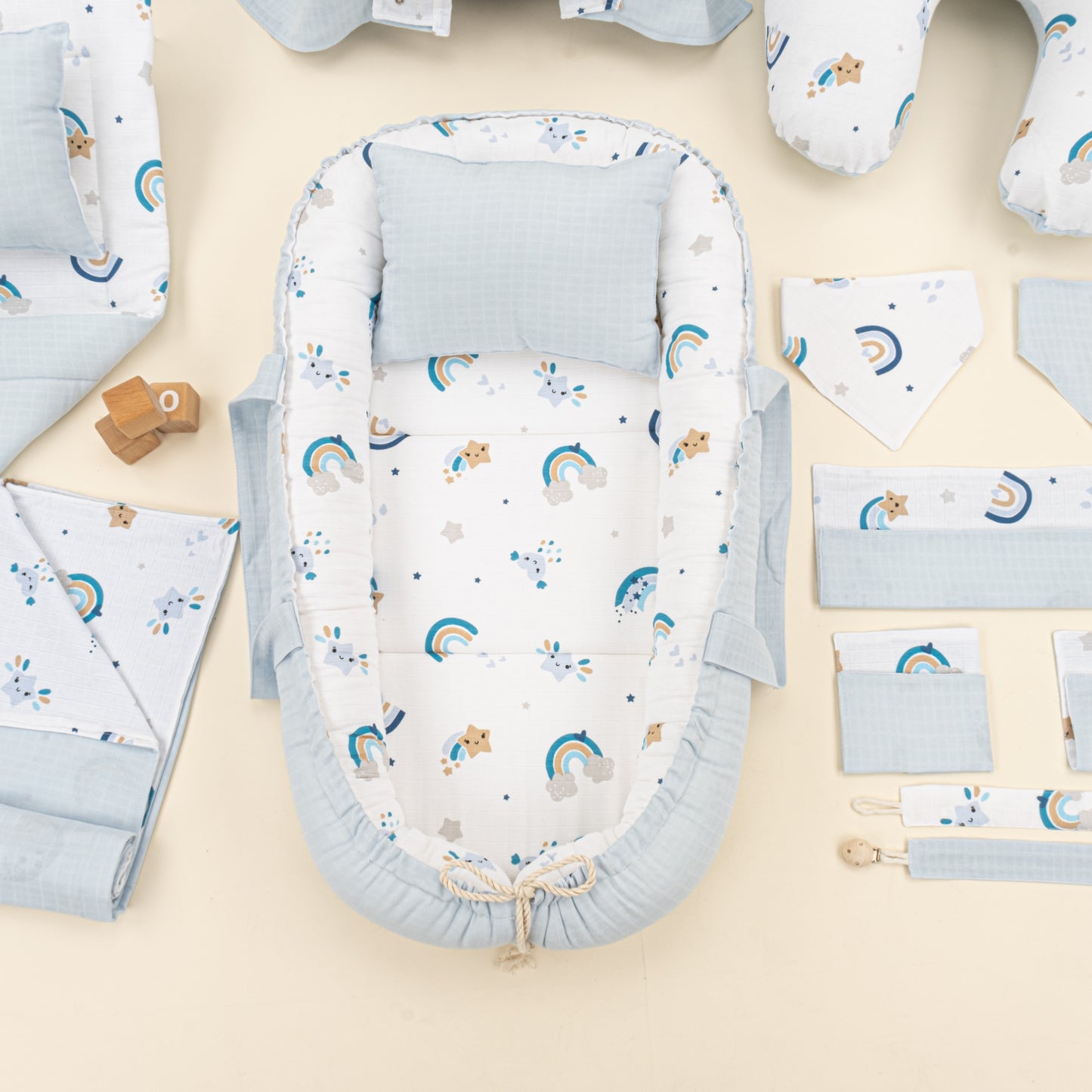 18 Parça Full Set - Çift Taraflı - Bebe Mavisi Muslin - Mavi Gökkuşağı