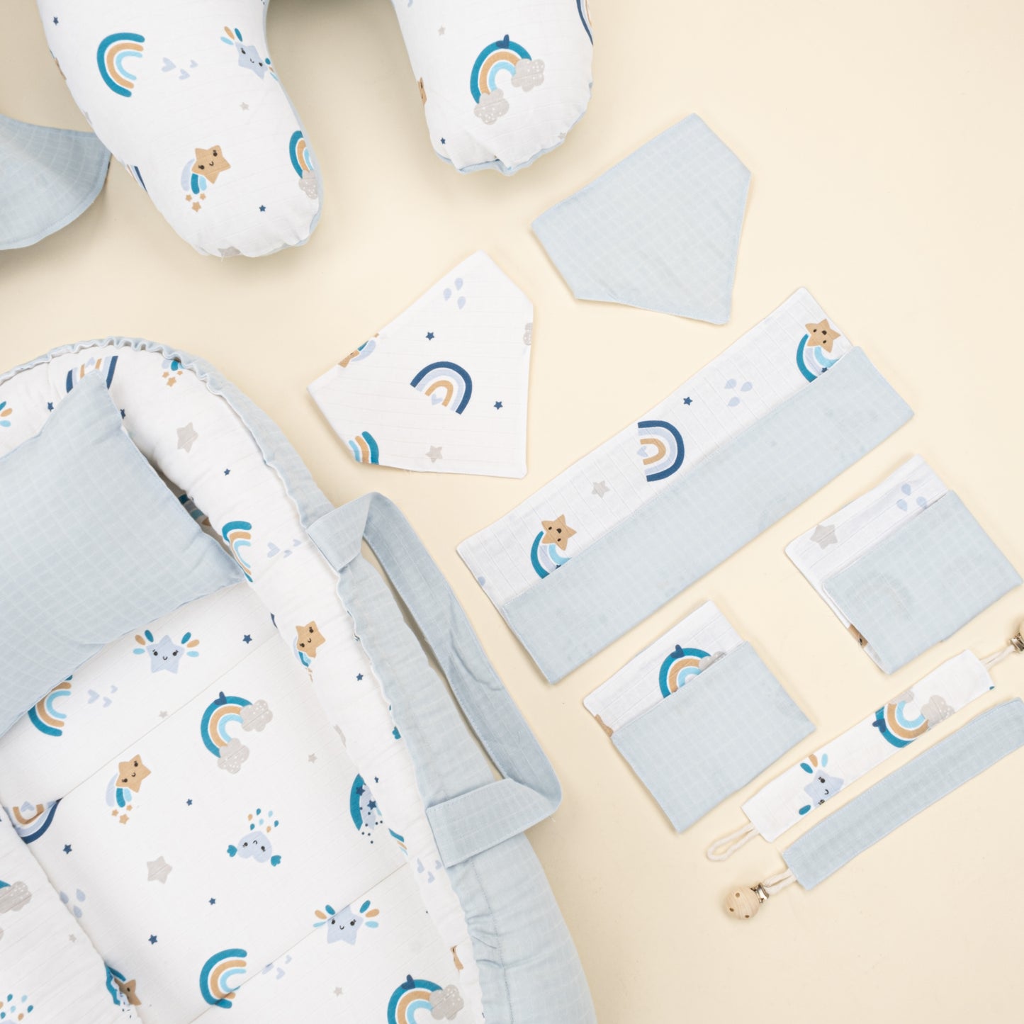 18 Parça Full Set - Çift Taraflı - Bebe Mavisi Muslin - Mavi Gökkuşağı