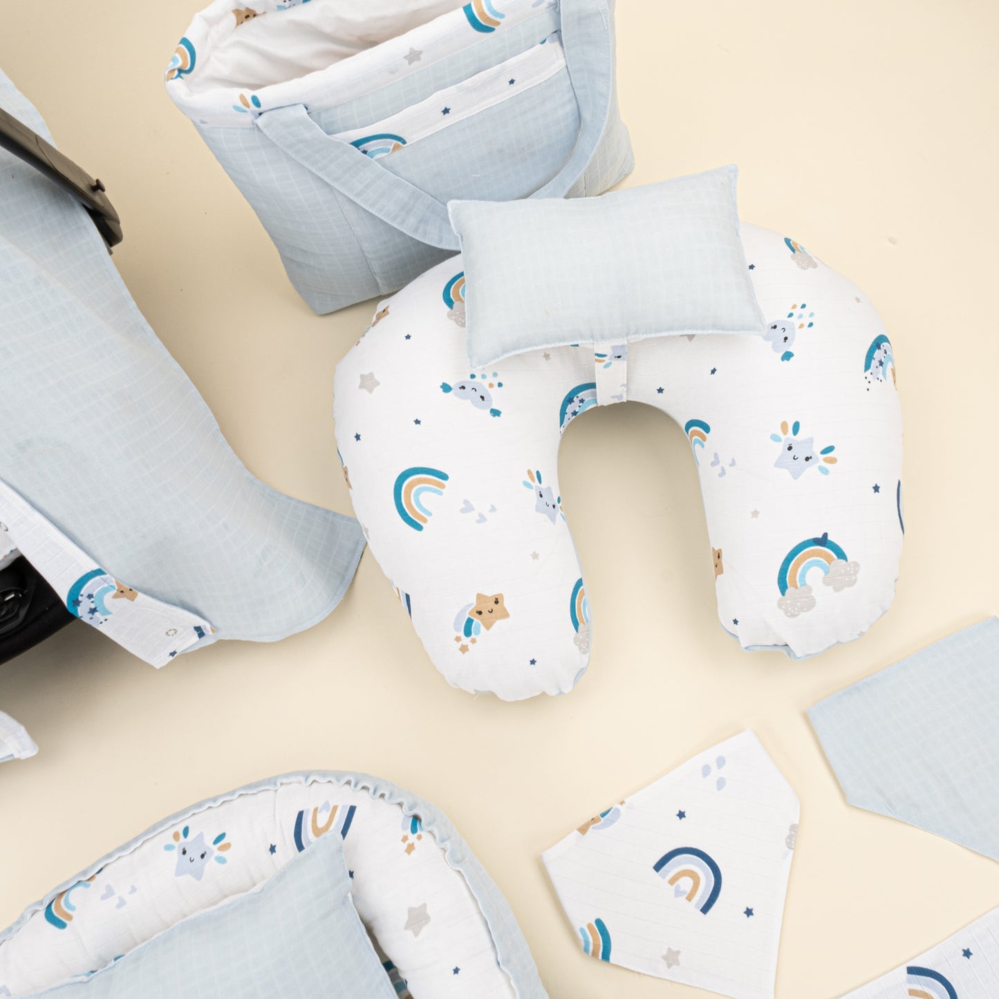 18 Parça Full Set - Çift Taraflı - Bebe Mavisi Muslin - Mavi Gökkuşağı