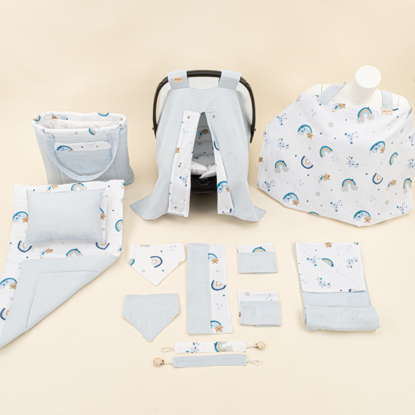 14 Parça Avantajlı Set - Çift Taraflı - Bebe Mavisi Muslin - Mavi Gökkuşağı