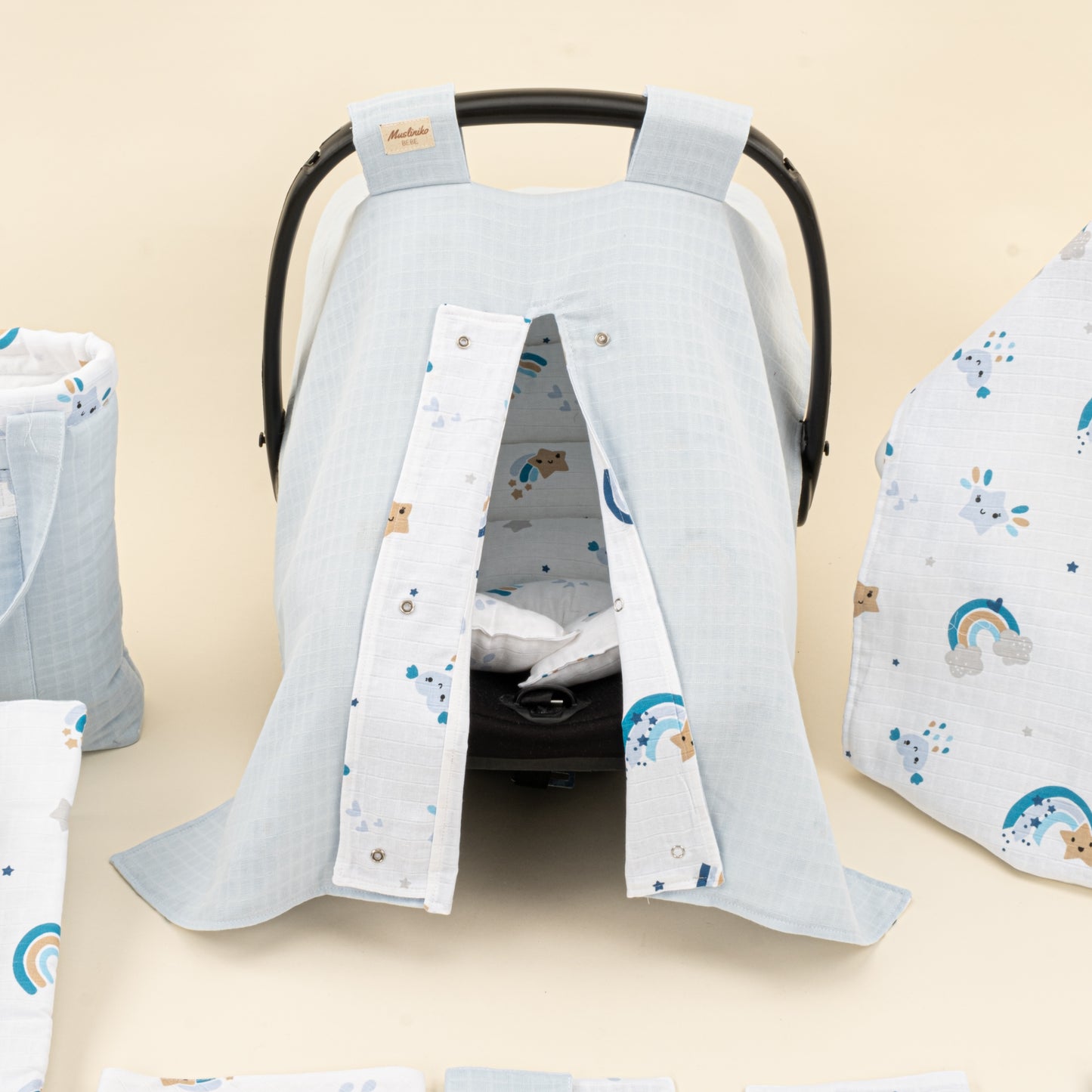 14 Parça Avantajlı Set - Çift Taraflı - Bebe Mavisi Muslin - Mavi Gökkuşağı