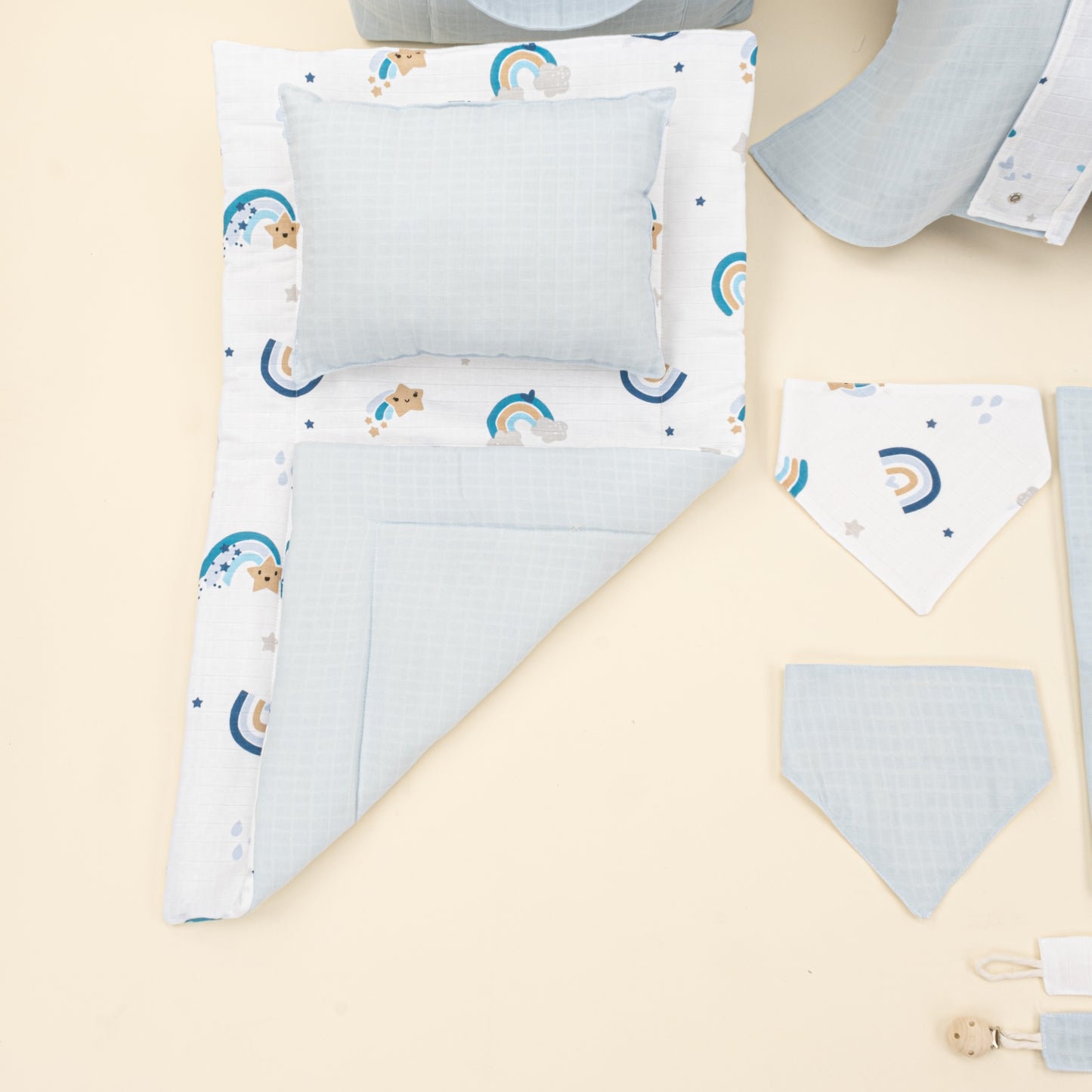 14 Parça Avantajlı Set - Çift Taraflı - Bebe Mavisi Muslin - Mavi Gökkuşağı
