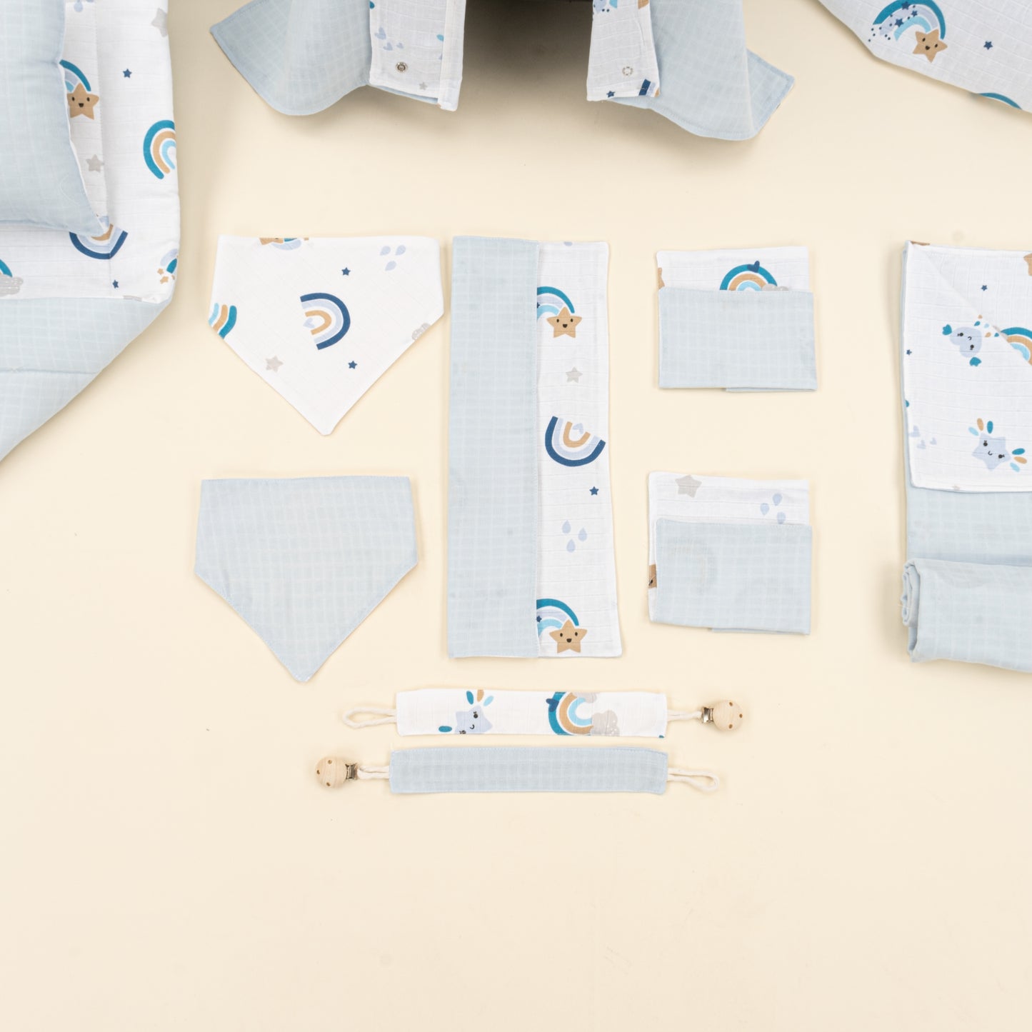 14 Parça Avantajlı Set - Çift Taraflı - Bebe Mavisi Muslin - Mavi Gökkuşağı
