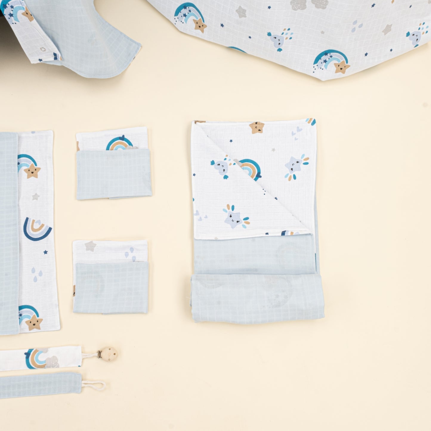 14 Parça Avantajlı Set - Çift Taraflı - Bebe Mavisi Muslin - Mavi Gökkuşağı