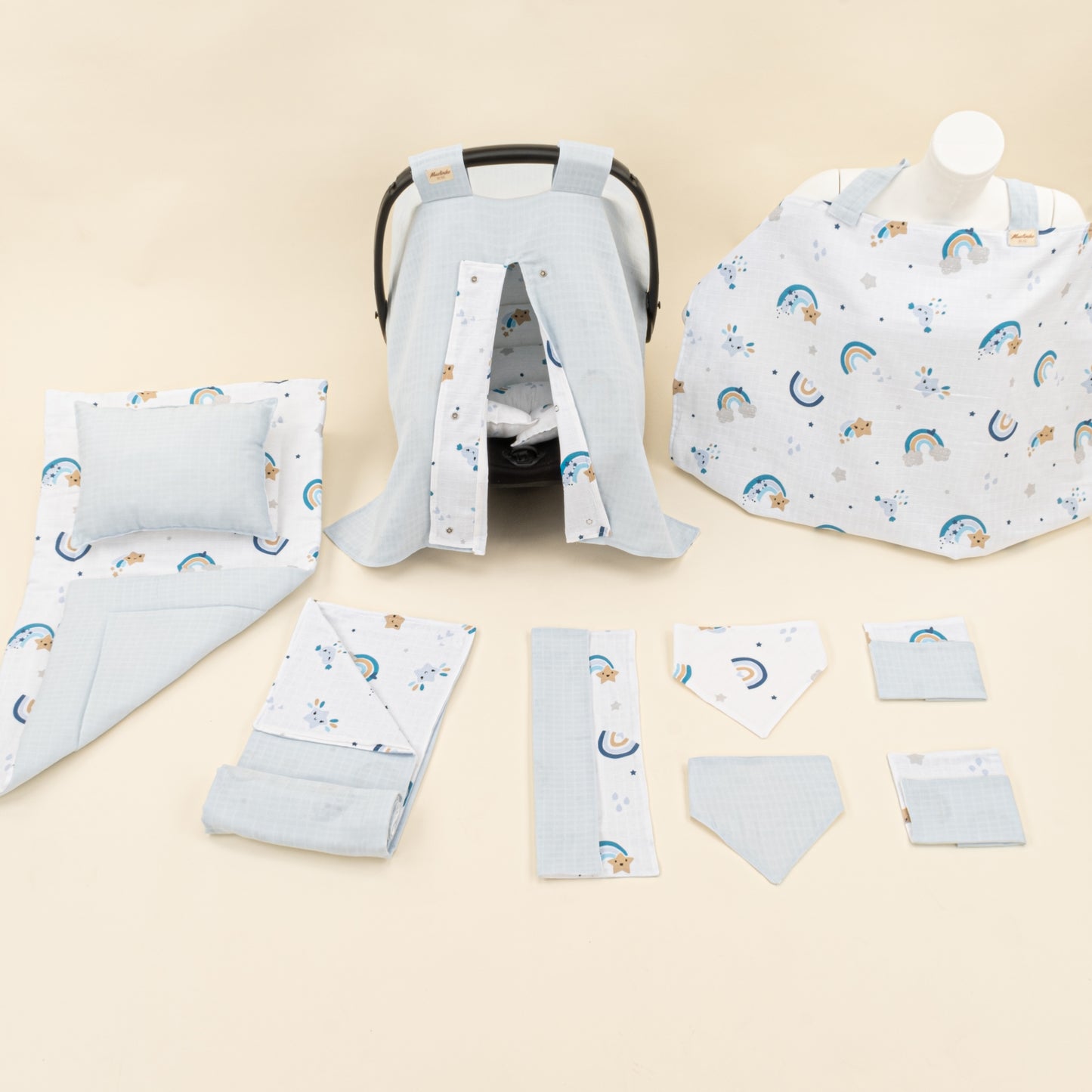 11 Parça Avantajlı Set - Çift Taraflı - Bebe Mavisi Muslin - Mavi Gökkuşağı