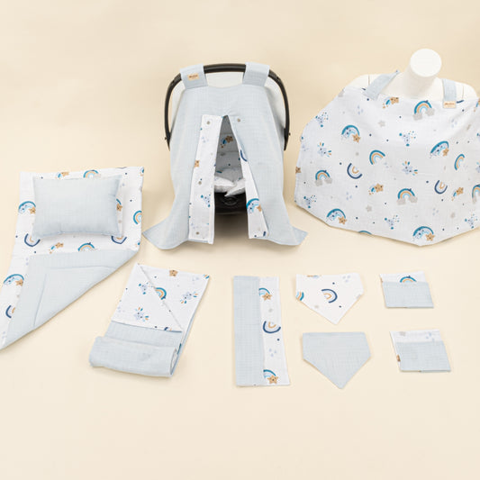 11 Parça Avantajlı Set - Çift Taraflı - Bebe Mavisi Muslin - Mavi Gökkuşağı