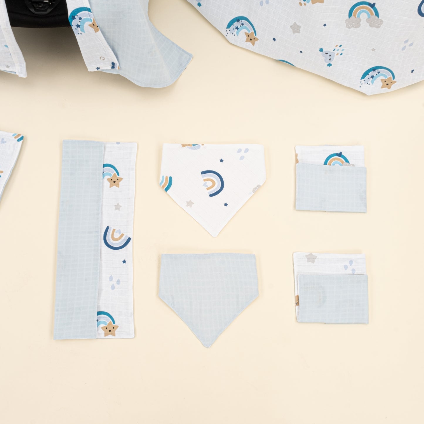 11 Parça Avantajlı Set - Çift Taraflı - Bebe Mavisi Muslin - Mavi Gökkuşağı