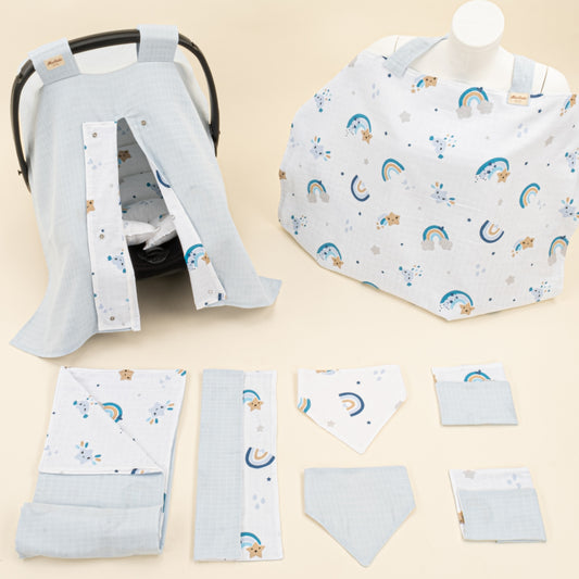 9 Parça Avantajlı Set - Çift Taraflı - Bebe Mavisi Muslin - Mavi Gökkuşağı