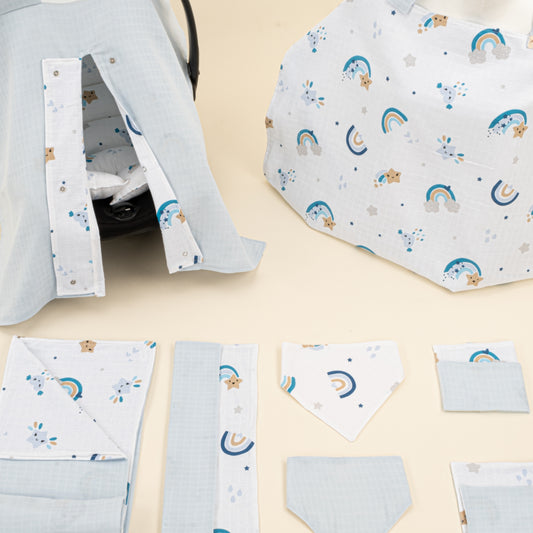 9 Parça Avantajlı Set - Çift Taraflı - Bebe Mavisi Muslin - Mavi Gökkuşağı