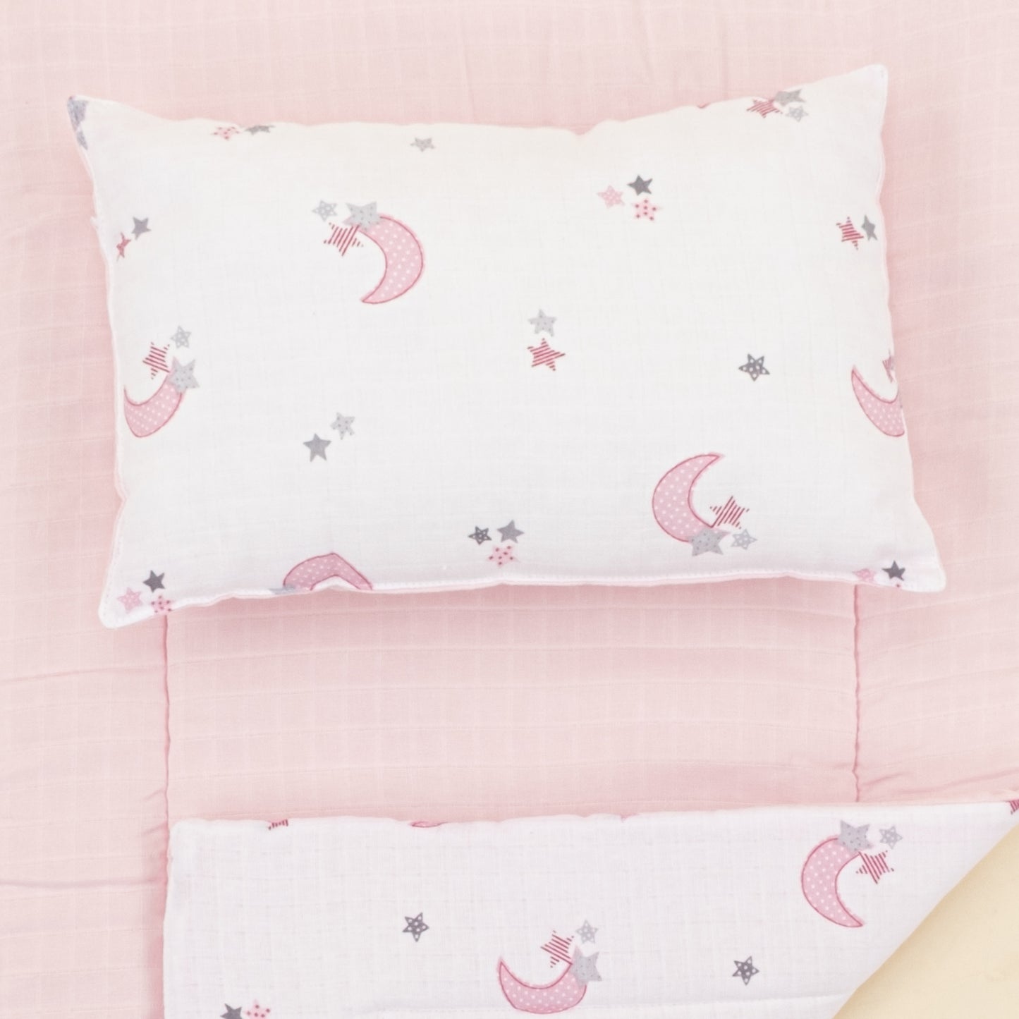Alt Açma Matı ve Yastık  - Çift Taraflı - Bebe Pembe Muslin - Pembe Ay