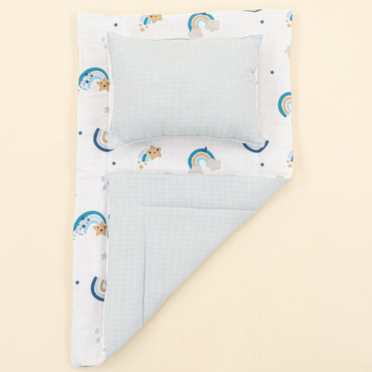 Alt Açma Matı ve Yastık - Çift Taraflı - Bebe Mavisi Muslin - Mavi Gökkuşağı