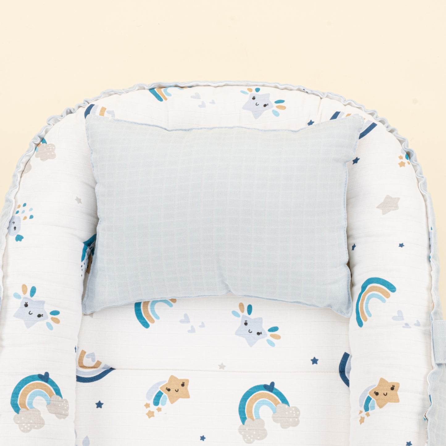 Babynest ve Yastık - Çift Taraflı - Bebe Mavisi Muslin - Mavi Gökkuşağı