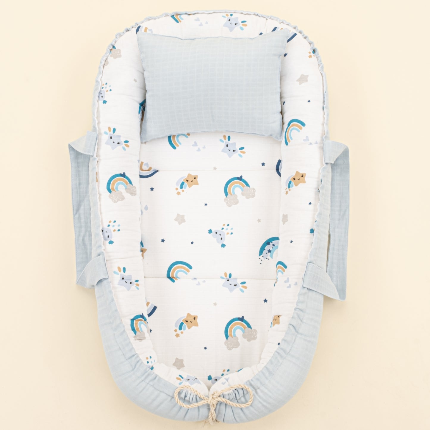 Babynest ve Yastık - Çift Taraflı - Bebe Mavisi Muslin - Mavi Gökkuşağı