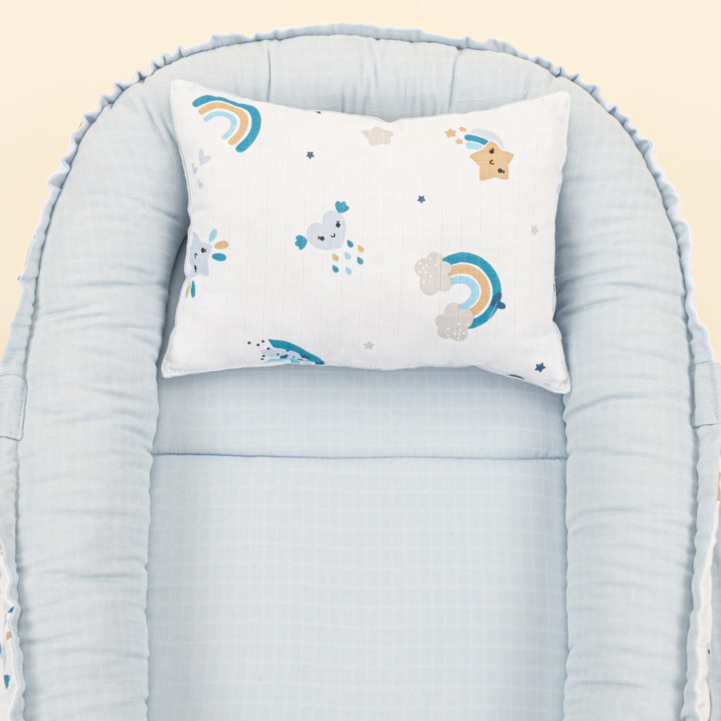 Babynest ve Yastık - Çift Taraflı - Bebe Mavisi Muslin - Mavi Gökkuşağı