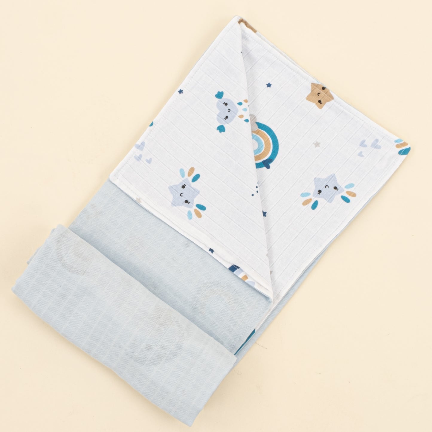 Çift Taraflı Muslin Örtü - Bebe Mavisi Muslin - Mavi Gökkuşağı