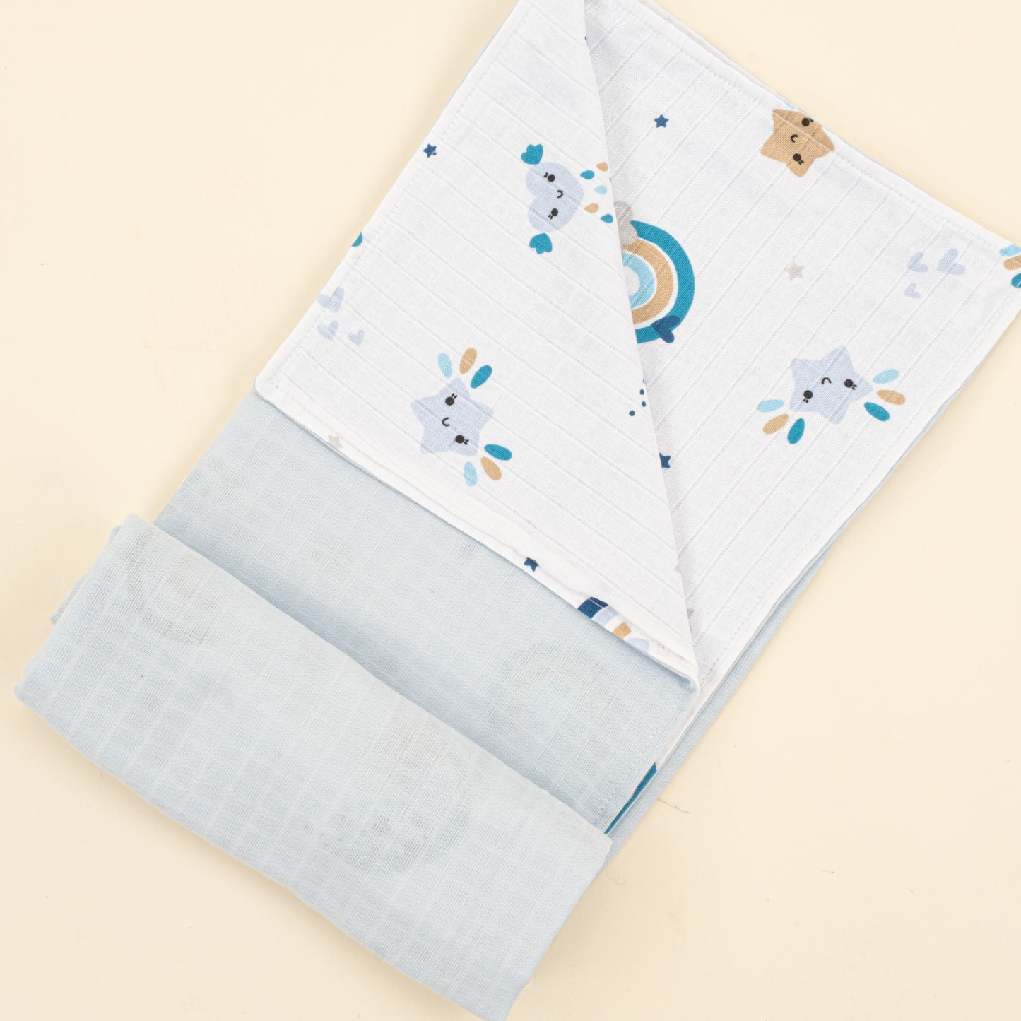 Çift Taraflı Muslin Örtü - Bebe Mavisi Muslin - Mavi Gökkuşağı