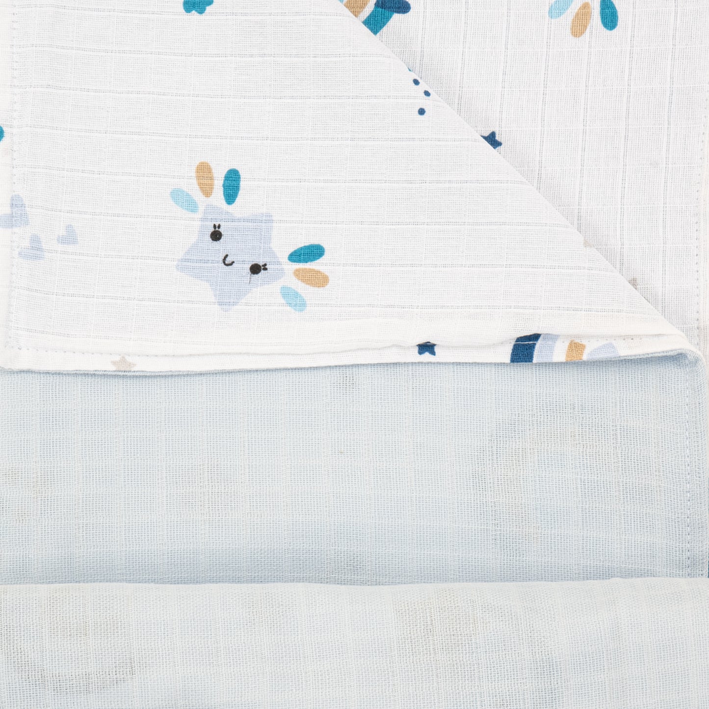 Çift Taraflı Muslin Örtü - Bebe Mavisi Muslin - Mavi Gökkuşağı