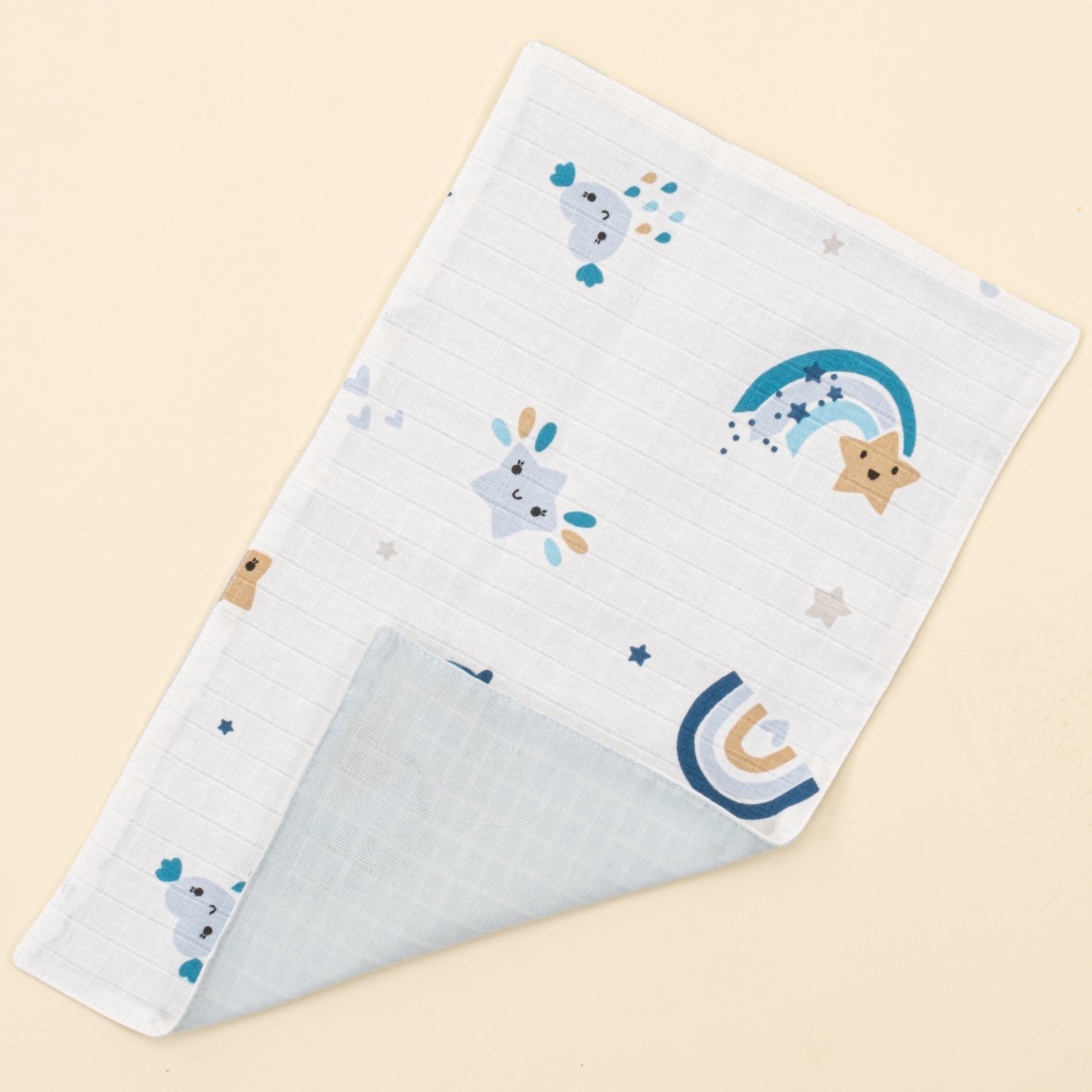 Önlük ve Mendil Seti - Çift Taraflı - Bebe Mavisi Muslin - Mavi Gökkuşağı