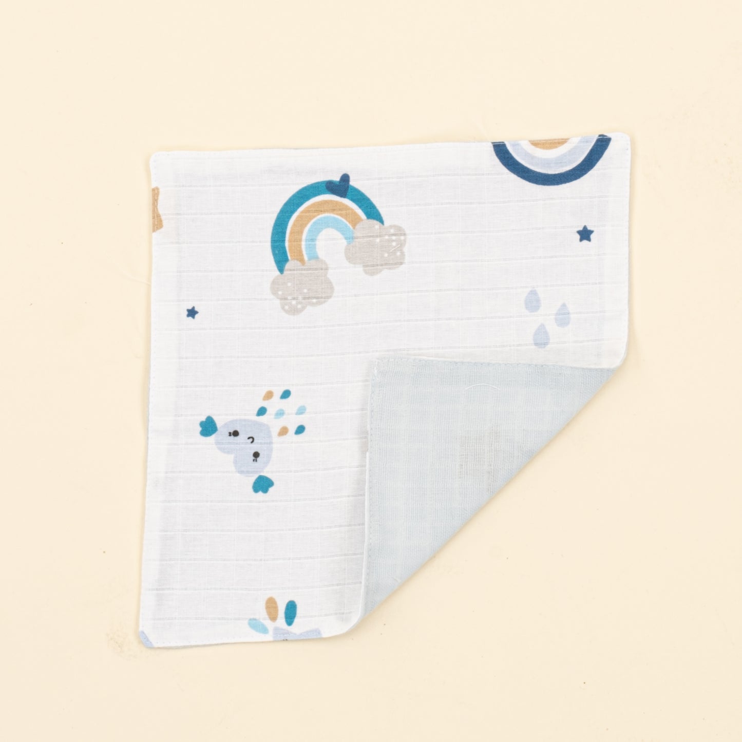 Önlük ve Mendil Seti - Çift Taraflı - Bebe Mavisi Muslin - Mavi Gökkuşağı
