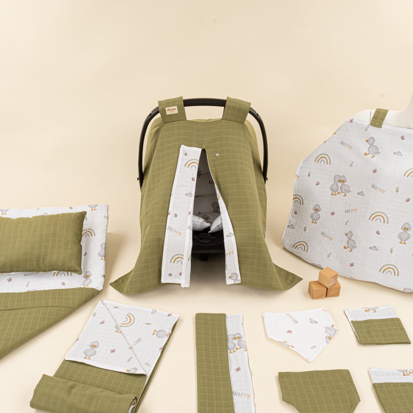 11 Parça Avantajlı Set - Çift Taraflı - Koyu Fıstık Yeşili Muslin - Ördekler