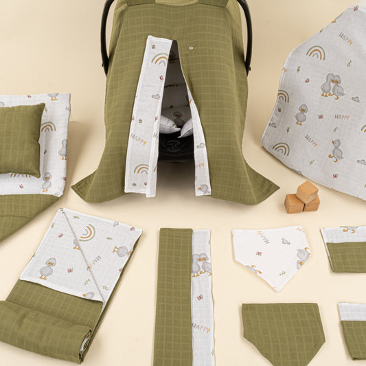 11 Parça Avantajlı Set - Çift Taraflı - Koyu Fıstık Yeşili Muslin - Ördekler