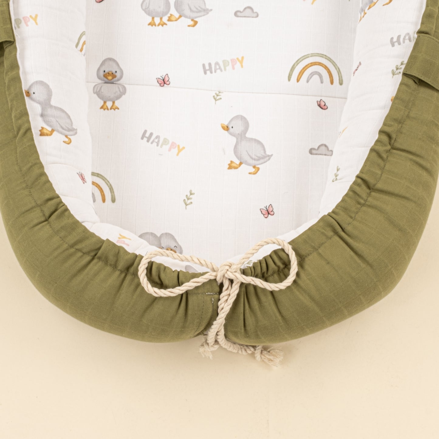 Babynest ve Yastık - Çift Taraflı - Koyu Fıstık Yeşili Muslin - Ördekler