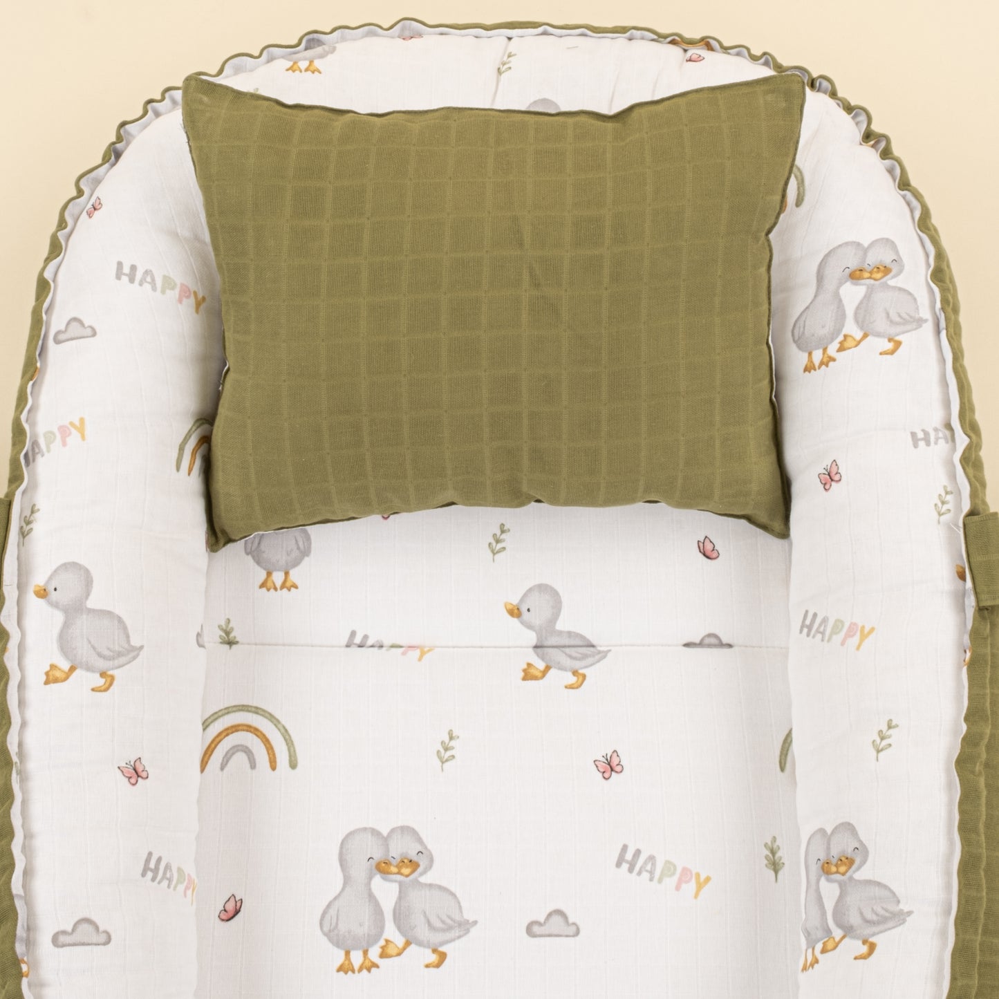 Babynest ve Yastık - Çift Taraflı - Koyu Fıstık Yeşili Muslin - Ördekler