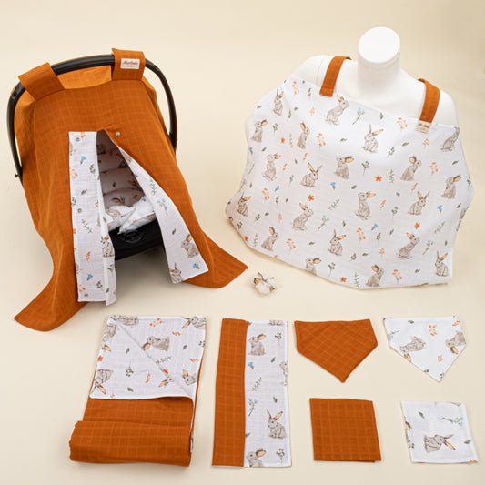 9 Parça Avantajlı Set - Çift Taraflı - Kiremit Muslin - Kahverengi Tavşan
