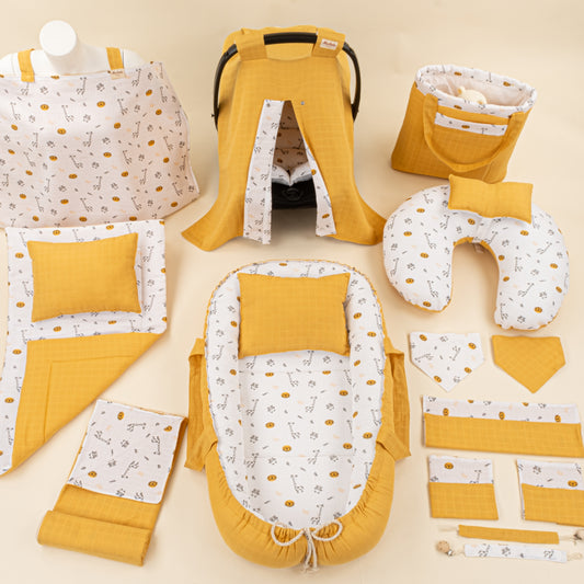 18 Parça Full Set - Çift Taraflı - Hardal Muslin - Zürafa