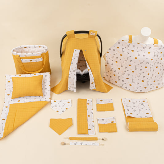 14 Parça Avantajlı Set - Çift Taraflı - Hardal Muslin - Zürafa