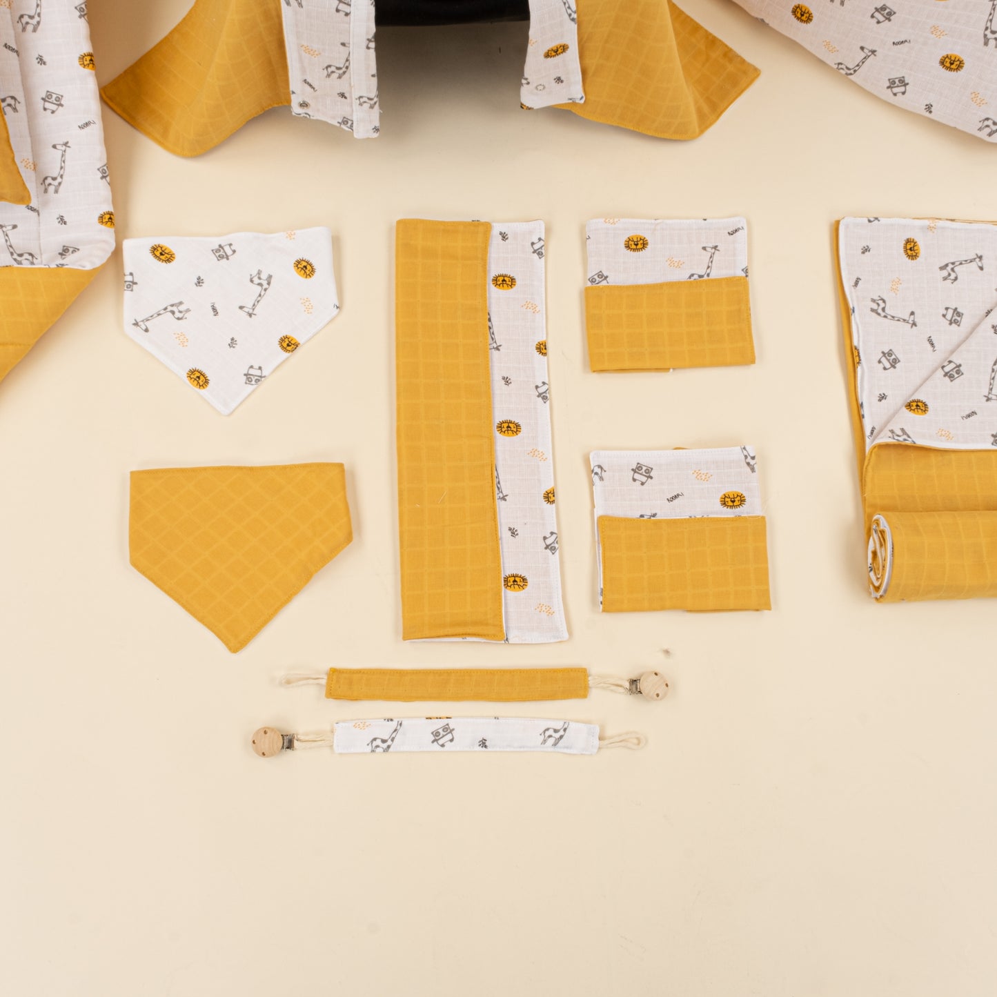 14 Parça Avantajlı Set - Çift Taraflı - Hardal Muslin - Zürafa