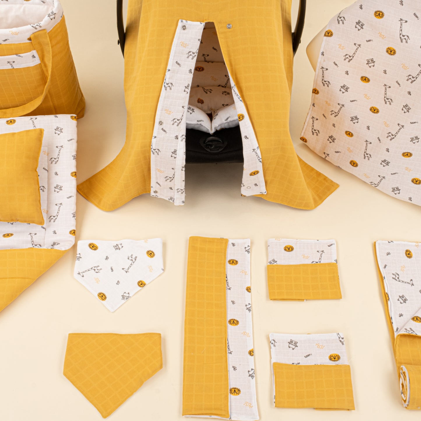 14 Parça Avantajlı Set - Çift Taraflı - Hardal Muslin - Zürafa