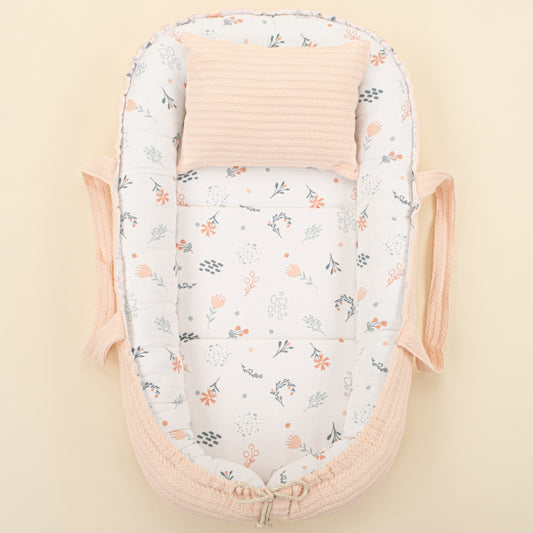 Babynest ve Yastık - Çift Taraflı - Somon Örgü - Yeşil Çiçekler