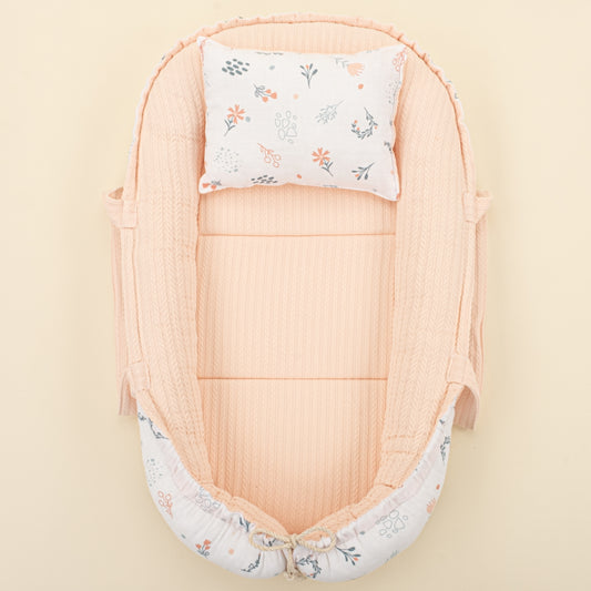 Babynest ve Yastık - Çift Taraflı - Somon Örgü - Yeşil Çiçekler