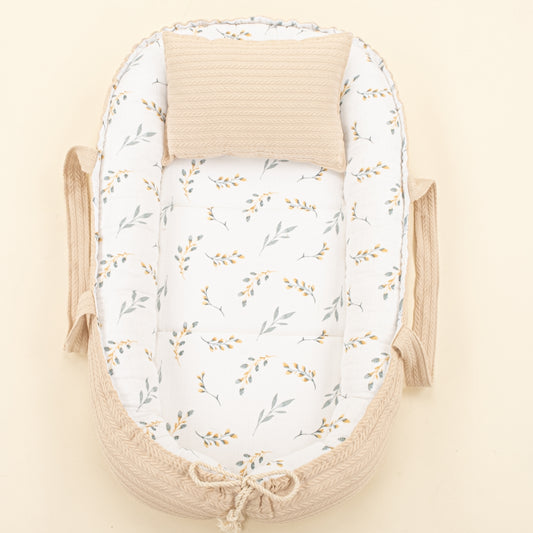 Babynest ve Yastık - Çift Taraflı - Sütlü Kahve Örgü - Yapraklar