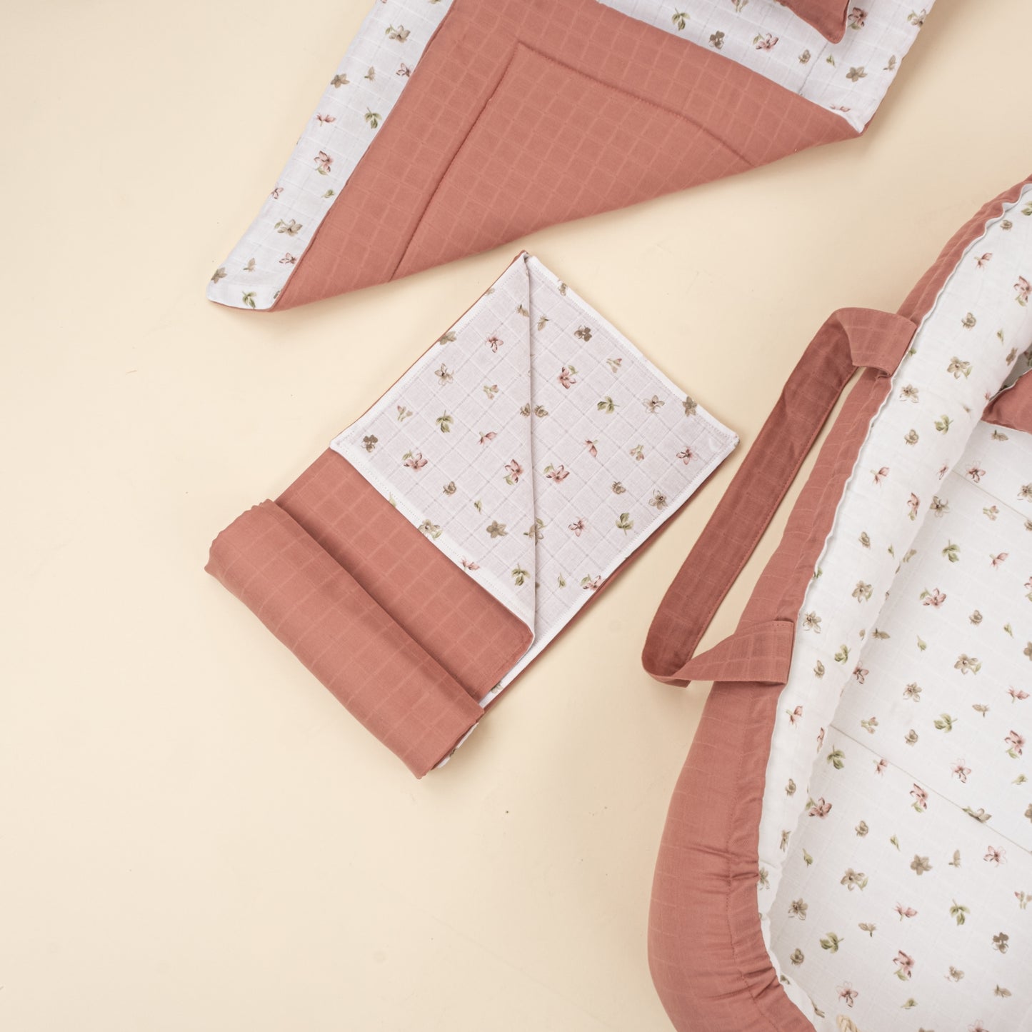 18 Parça Full Set - Çift Taraflı - Gül Kurusu Muslin - Çiçekler