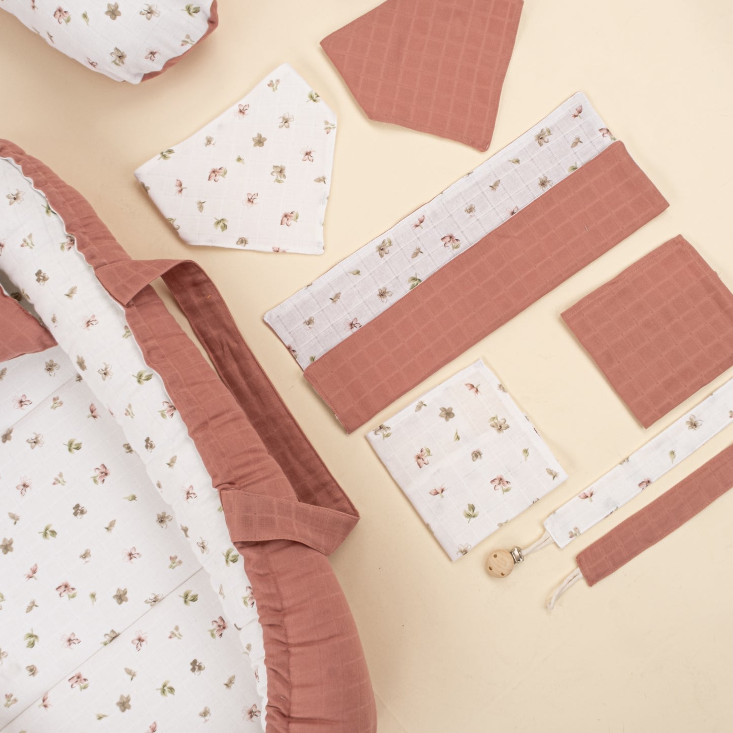18 Parça Full Set - Çift Taraflı - Gül Kurusu Muslin - Çiçekler