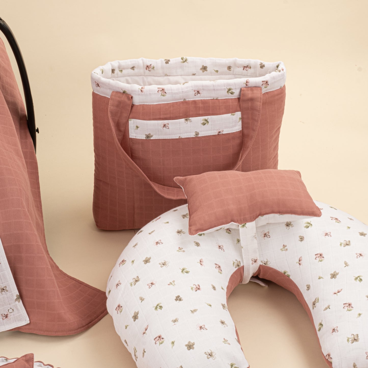 18 Parça Full Set - Çift Taraflı - Gül Kurusu Muslin - Çiçekler