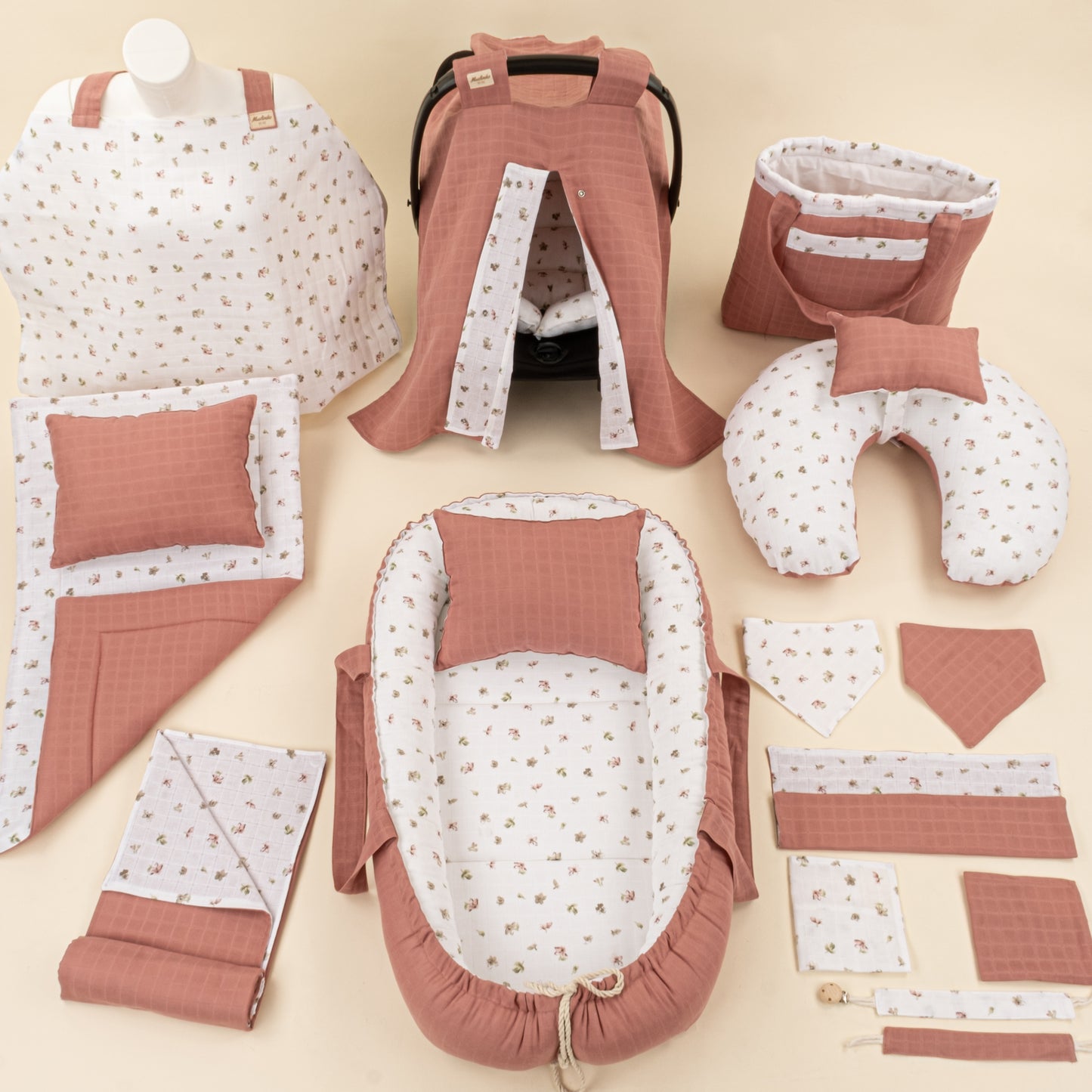 18 Parça Full Set - Çift Taraflı - Gül Kurusu Muslin - Çiçekler