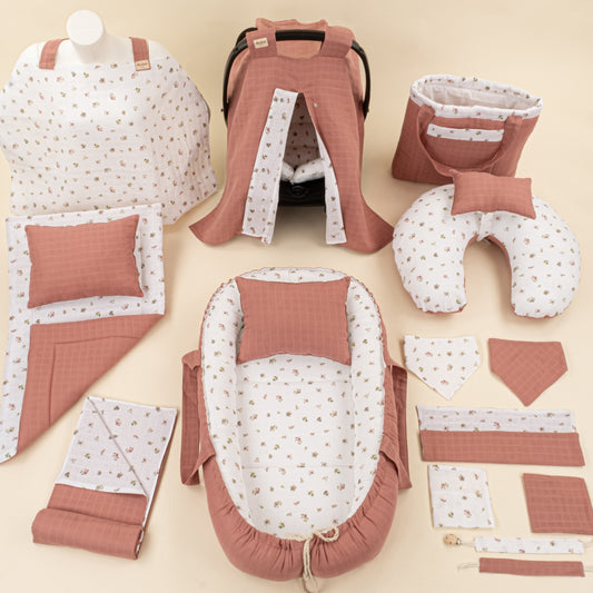 18 Parça Full Set - Çift Taraflı - Gül Kurusu Muslin - Çiçekler