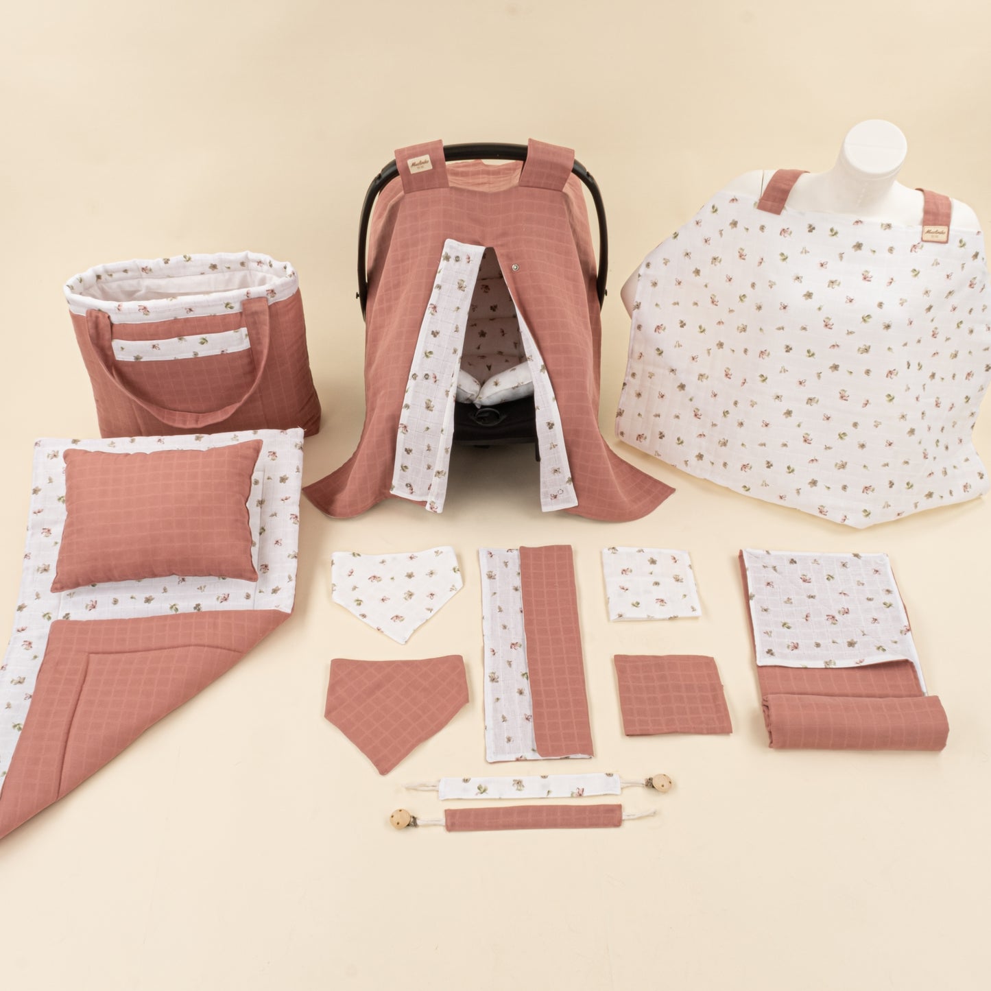14 Parça Avantajlı Set - Çift Taraflı - Gül Kurusu Muslin - Çiçekler