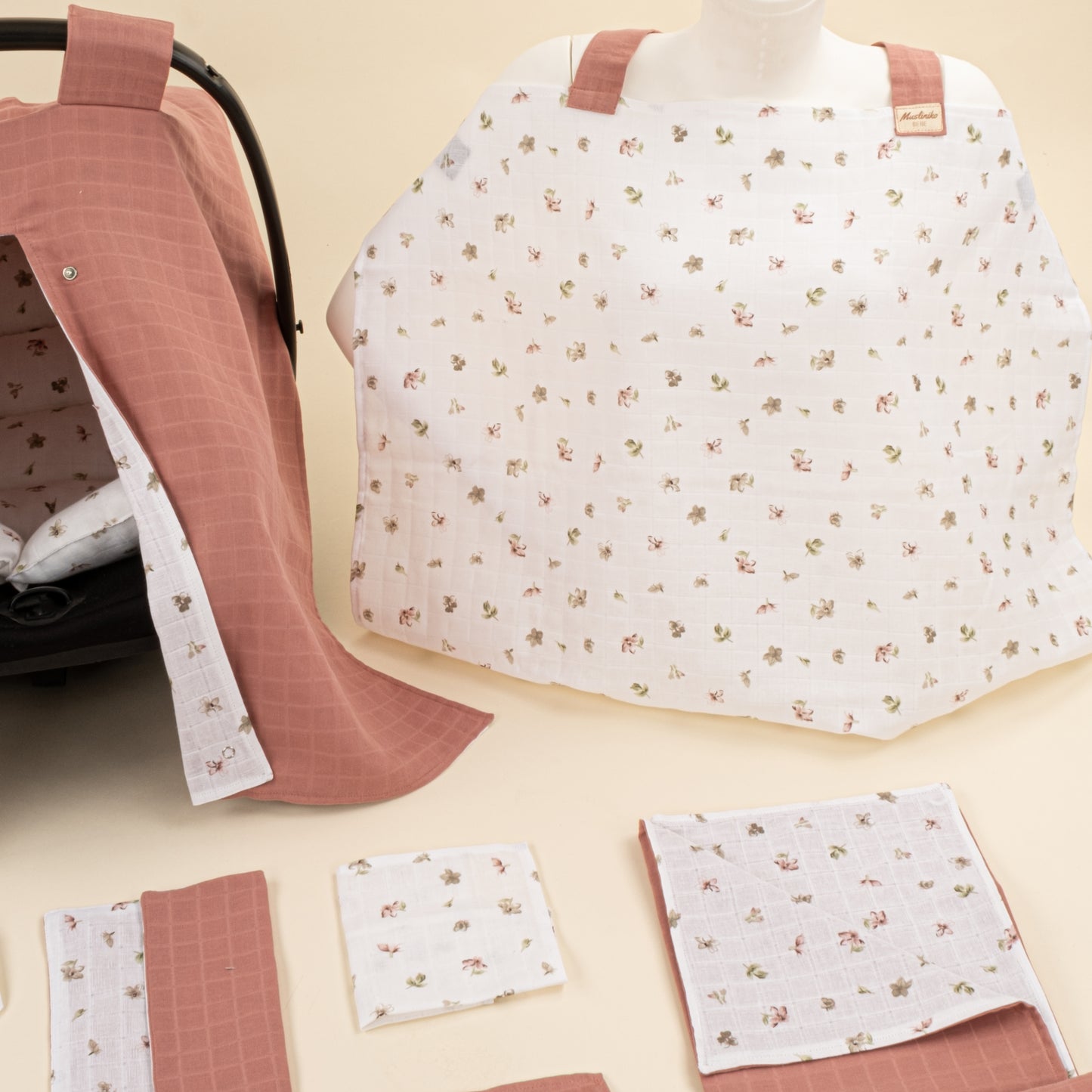 14 Parça Avantajlı Set - Çift Taraflı - Gül Kurusu Muslin - Çiçekler