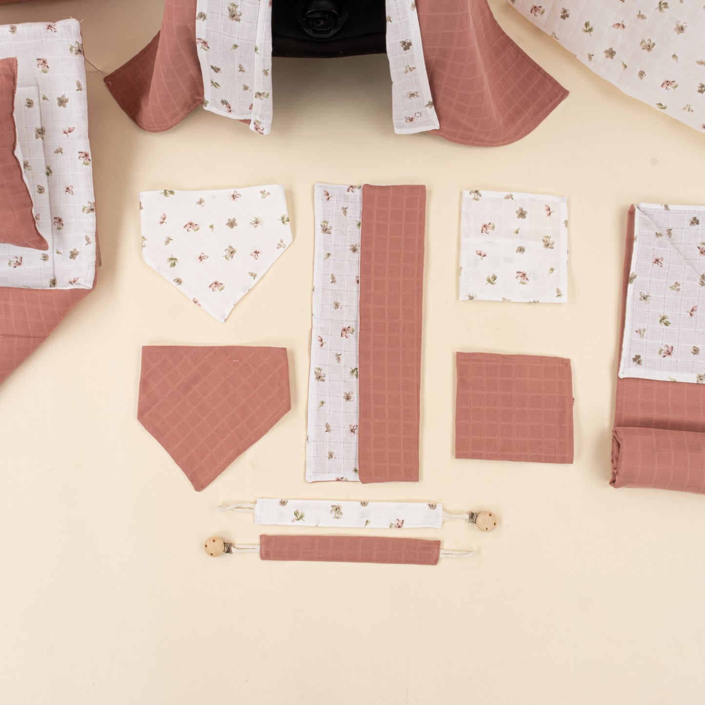 14 Parça Avantajlı Set - Çift Taraflı - Gül Kurusu Muslin - Çiçekler