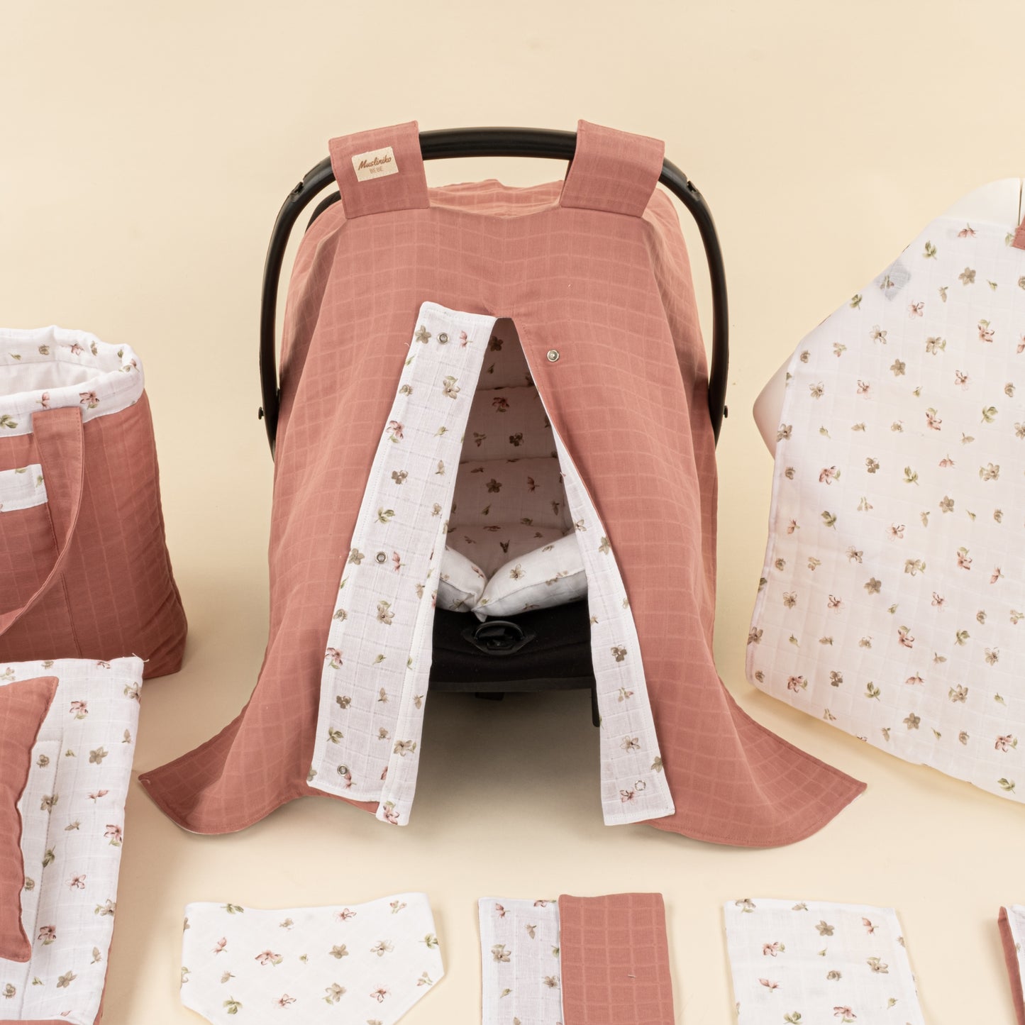 14 Parça Avantajlı Set - Çift Taraflı - Gül Kurusu Muslin - Çiçekler