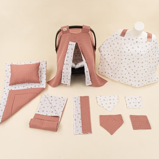 11 Parça Avantajlı Set - Çift Taraflı - Gül Kurusu Muslin - Çiçekler