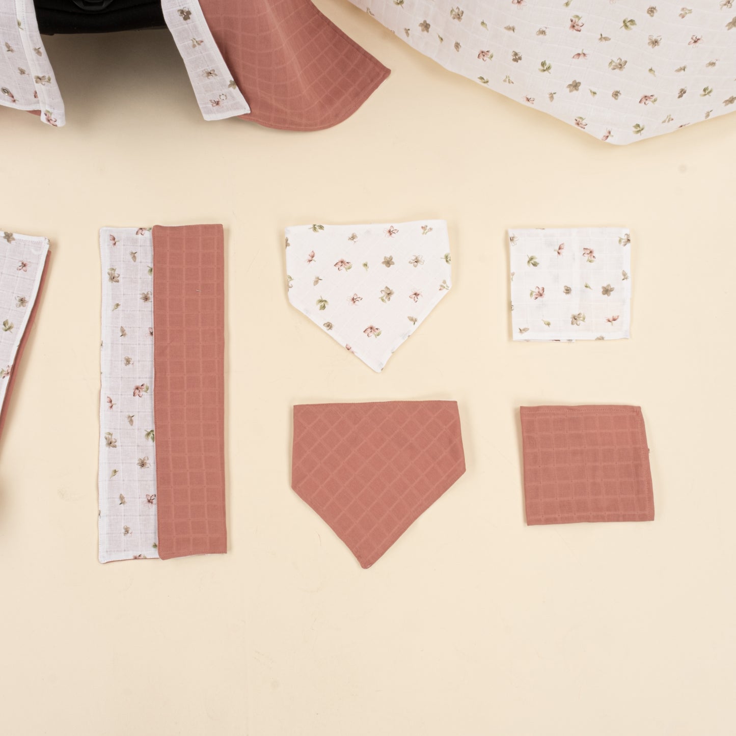 11 Parça Avantajlı Set - Çift Taraflı - Gül Kurusu Muslin - Çiçekler