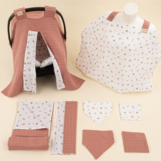 9 Parça Avantajlı Set - Çift Taraflı - Gül Kurusu Muslin - Çiçekler