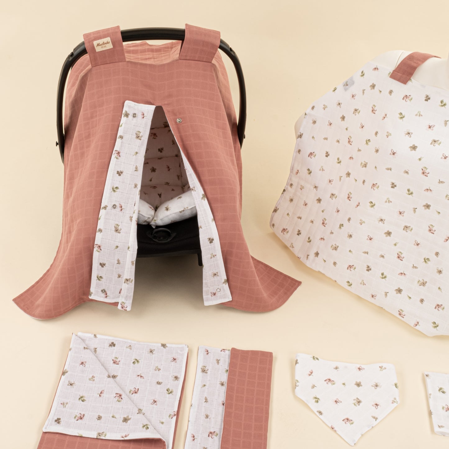 9 Parça Avantajlı Set - Çift Taraflı - Gül Kurusu Muslin - Çiçekler